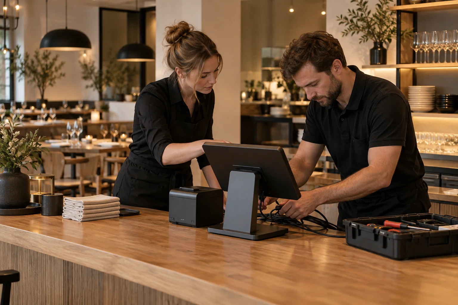 En restaurantmedarbeider og en tekniker setter opp en ny kasse før åpning
